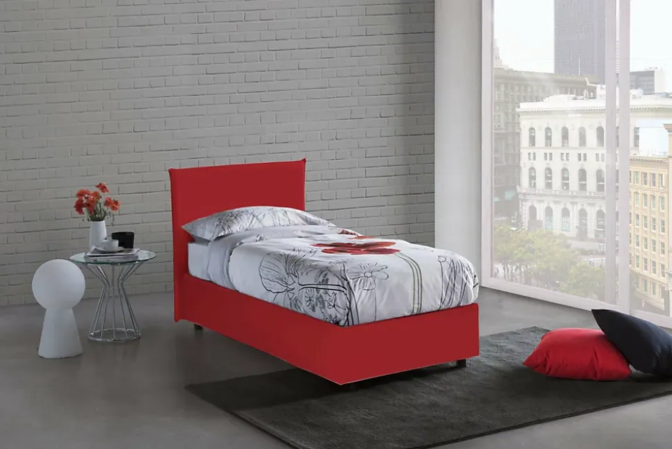 Lit simple Dbacchi, Lit coffre avec revêtement en tissu, Ouverture frontale, adapté pour matelas 80x200 cm, Rouge