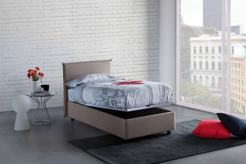 Lit simple Dbach, Lit coffre avec revêtement en tissu, Ouverture frontale, avec matelas 80x200 cm inclus, Taupe