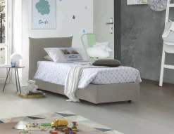 Lit simple Dborbe, Lit coffre avec revêtement en tissu, Ouverture latérale, avec matelas 80x190 cm inclus, Beige