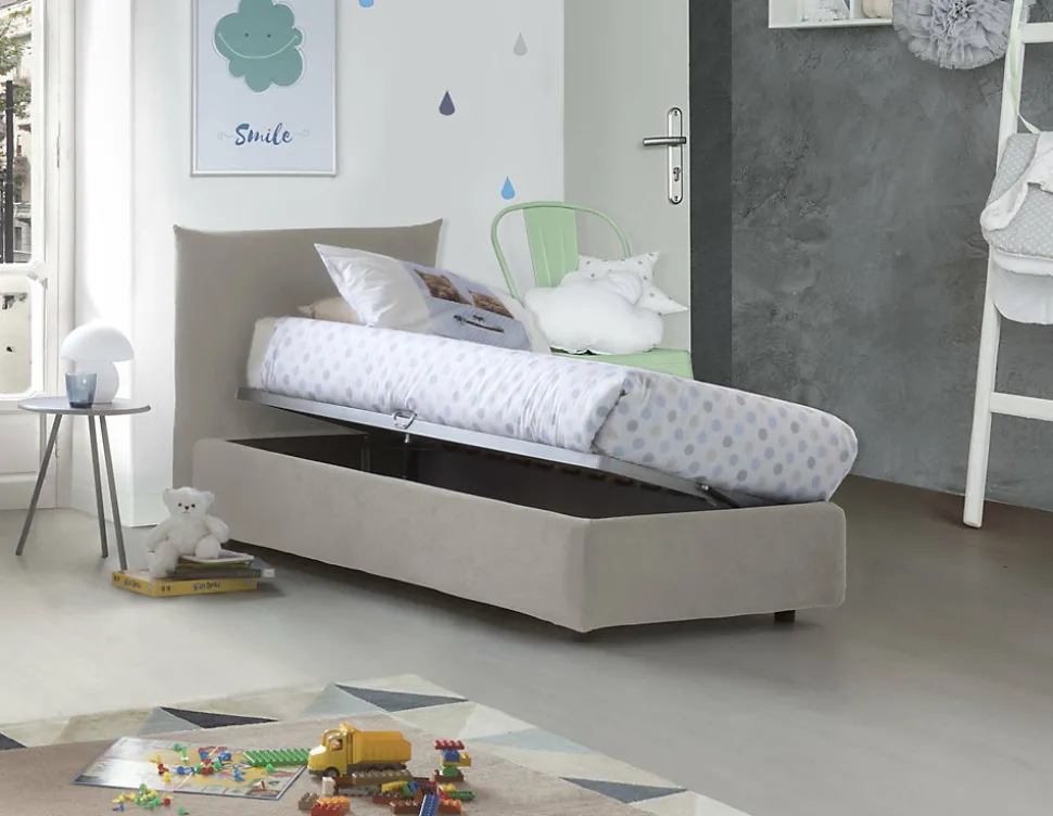 Lit simple Dborbe, Lit coffre avec revêtement en tissu, Ouverture latérale, avec matelas 80x190 cm inclus, Beige