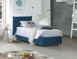 Lit simple Dborbe, Lit coffre avec revêtement en tissu, Ouverture latérale, avec matelas 80x190 cm inclus, Bleu