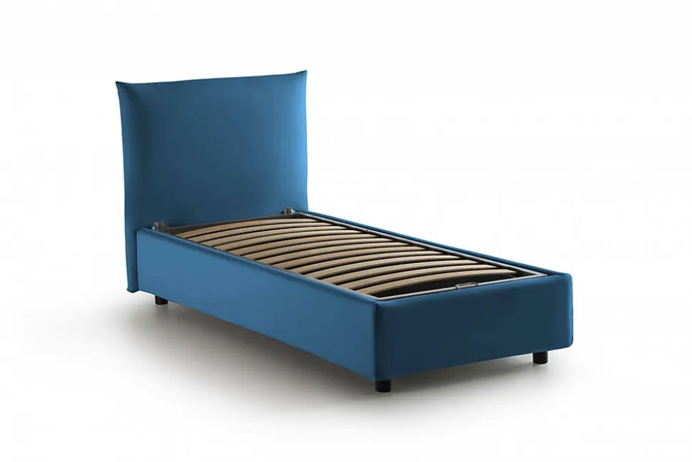 Lit simple Dborbe, Lit coffre avec revêtement en tissu, Ouverture latérale, avec matelas 80x190 cm inclus, Bleu
