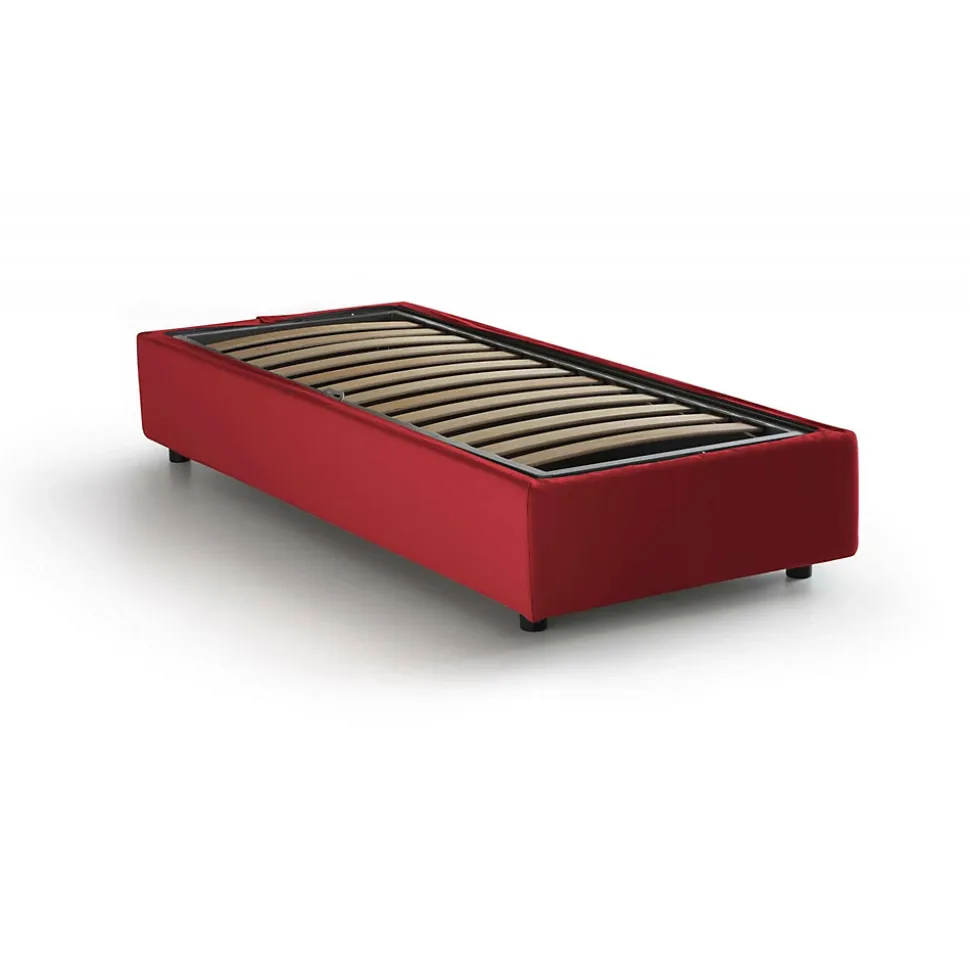 Lit simple Dhol, Lit coffre avec revêtement en tissu, Ouverture latérale, adapté pour matelas 80x190 cm, Rouge