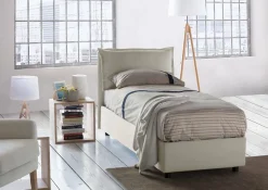 Lit simple Dloset, Lit coffre avec revêtement en tissu, Ouverture frontale, avec matelas 90x190 cm inclus, Beige