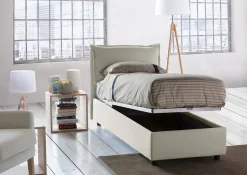 Lit simple Dloset, Lit coffre avec revêtement en tissu, Ouverture frontale, avec matelas 90x190 cm inclus, Beige