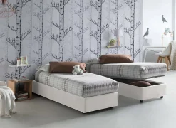 Lit simple Dmaiell, Lit coffre avec revêtement en tissu, Ouverture frontale, avec matelas 80x200 cm inclus, Blanc