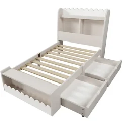 Lit simple en bois 90x190cm - avec 2 tiroirs et étagères - Blanc (matelas non inclus)