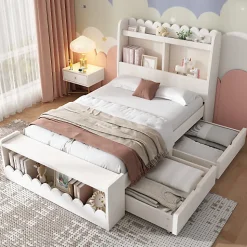 Lit simple en bois 90x190cm - avec 2 tiroirs et étagères - Blanc (matelas non inclus)