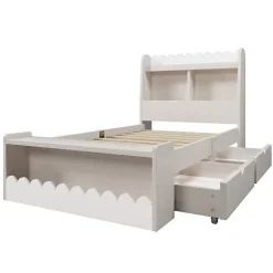 Lit simple en bois 90x190cm - avec 2 tiroirs et étagères - Blanc (matelas non inclus)