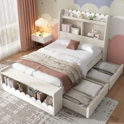 Lit simple en bois 90x200cm - avec 2 tiroirs et étagères - Blanc (matelas non inclus)