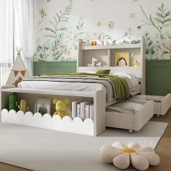 Lit simple en bois 90x200cm - avec 2 tiroirs et étagères - Blanc (matelas non inclus)