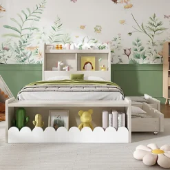 Lit simple en bois 90x200cm - avec 2 tiroirs et étagères - Blanc (matelas non inclus)