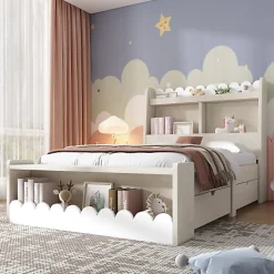 Lit simple en bois 90x200cm - avec 2 tiroirs et étagères - Blanc (matelas non inclus)