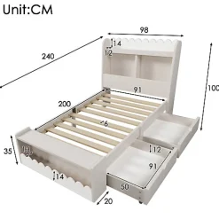 Lit simple en bois 90x200cm - avec 2 tiroirs et étagères - Blanc (matelas non inclus)