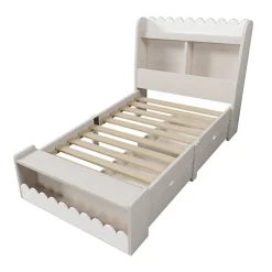 Lit simple en bois 90x200cm - avec 2 tiroirs et étagères - Blanc (matelas non inclus)
