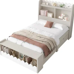 Lit simple en bois 90x200cm - avec 2 tiroirs et étagères - Blanc (matelas non inclus)