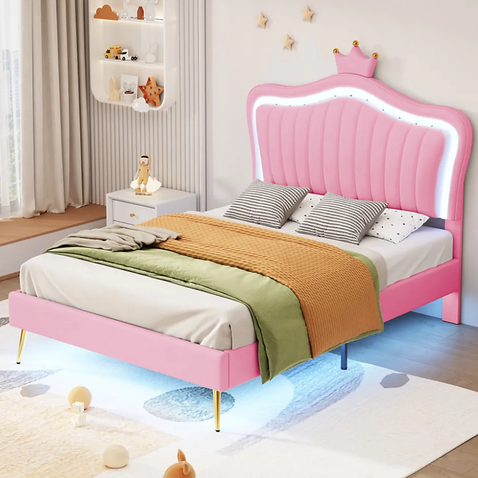 Lit simple enfant 90x200 cm - Lit capitonné avec LED en forme de couronne pour fille - Cuir synthétique - Sans matelas - Rose