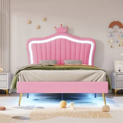 Lit simple enfant 90x200 cm - Lit capitonné avec LED en forme de couronne pour fille - Cuir synthétique - Sans matelas - Rose