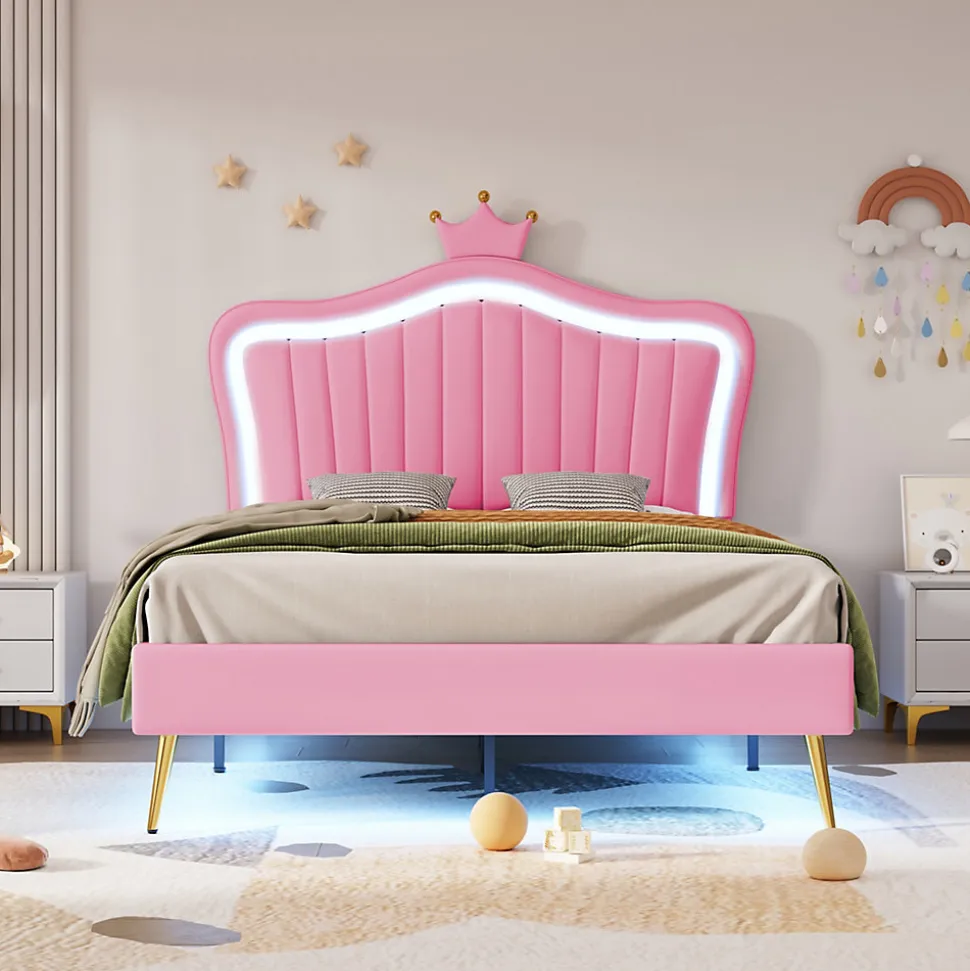 Lit simple enfant 90x200 cm - Lit capitonné avec LED en forme de couronne pour fille - Cuir synthétique - Sans matelas - Rose