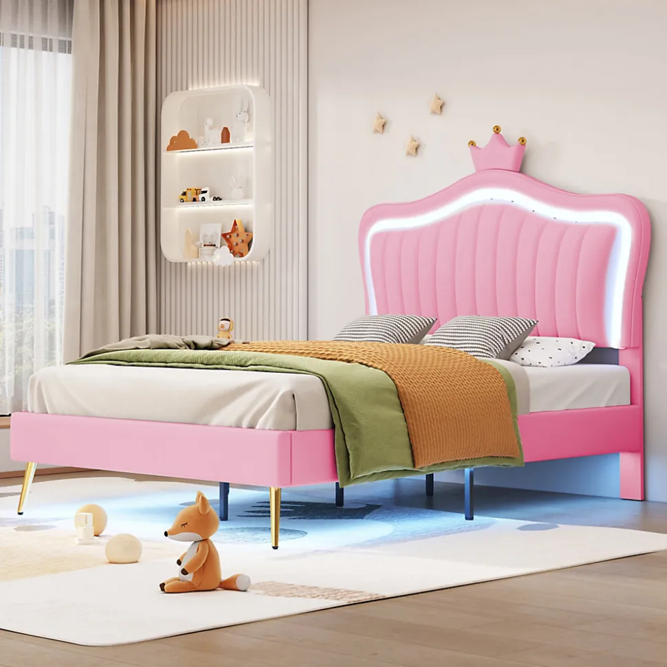 Lit simple enfant 90x200 cm - Lit capitonné avec LED en forme de couronne pour fille - Cuir synthétique - Sans matelas - Rose