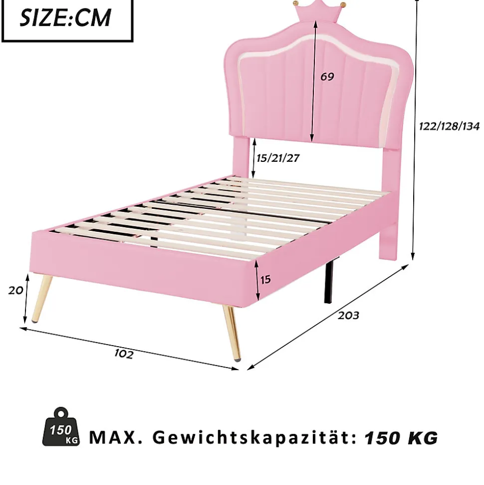 Lit simple enfant 90x200 cm - Lit capitonné avec LED en forme de couronne pour fille - Cuir synthétique - Sans matelas - Rose