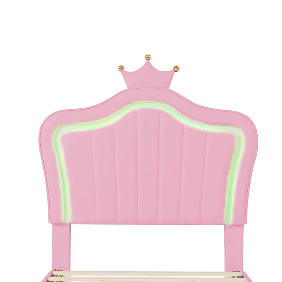 Lit simple enfant 90x200 cm - Lit capitonné avec LED en forme de couronne pour fille - Cuir synthétique - Sans matelas - Rose