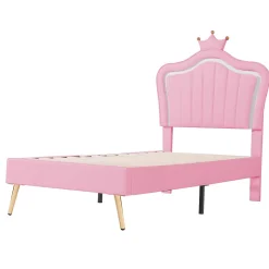 Lit simple enfant 90x200 cm - Lit capitonné avec LED en forme de couronne pour fille - Cuir synthétique - Sans matelas - Rose