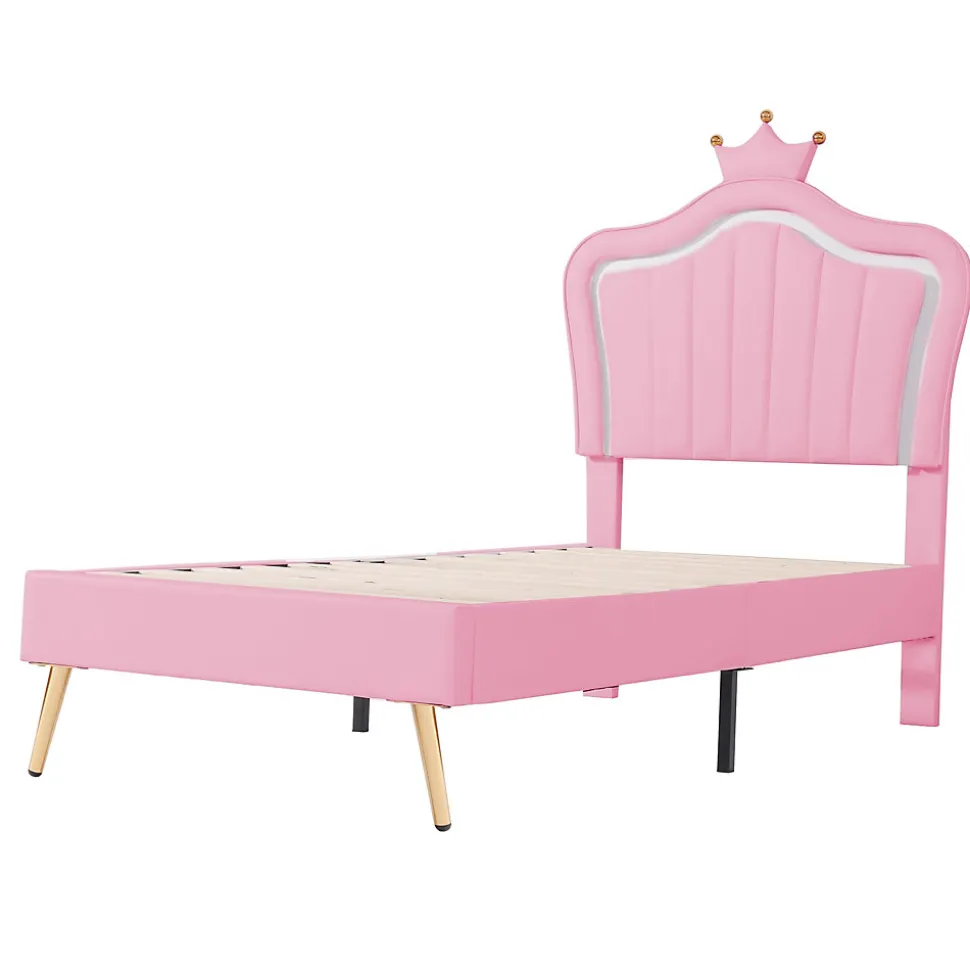 Lit simple enfant 90x200 cm - Lit capitonné avec LED en forme de couronne pour fille - Cuir synthétique - Sans matelas - Rose