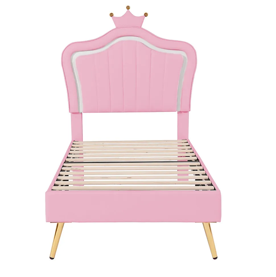 Lit simple enfant 90x200 cm - Lit capitonné avec LED en forme de couronne pour fille - Cuir synthétique - Sans matelas - Rose