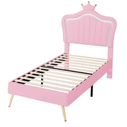 Lit simple enfant 90x200 cm - Lit capitonné avec LED en forme de couronne pour fille - Cuir synthétique - Sans matelas - Rose