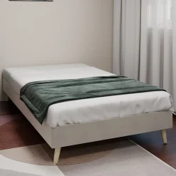 Lit Simple Enfant 90x200 cm - sans Tête de Lit, Revêtement en Velours et Cadre Bas, Composite et Métal, sans Matelas, Beige