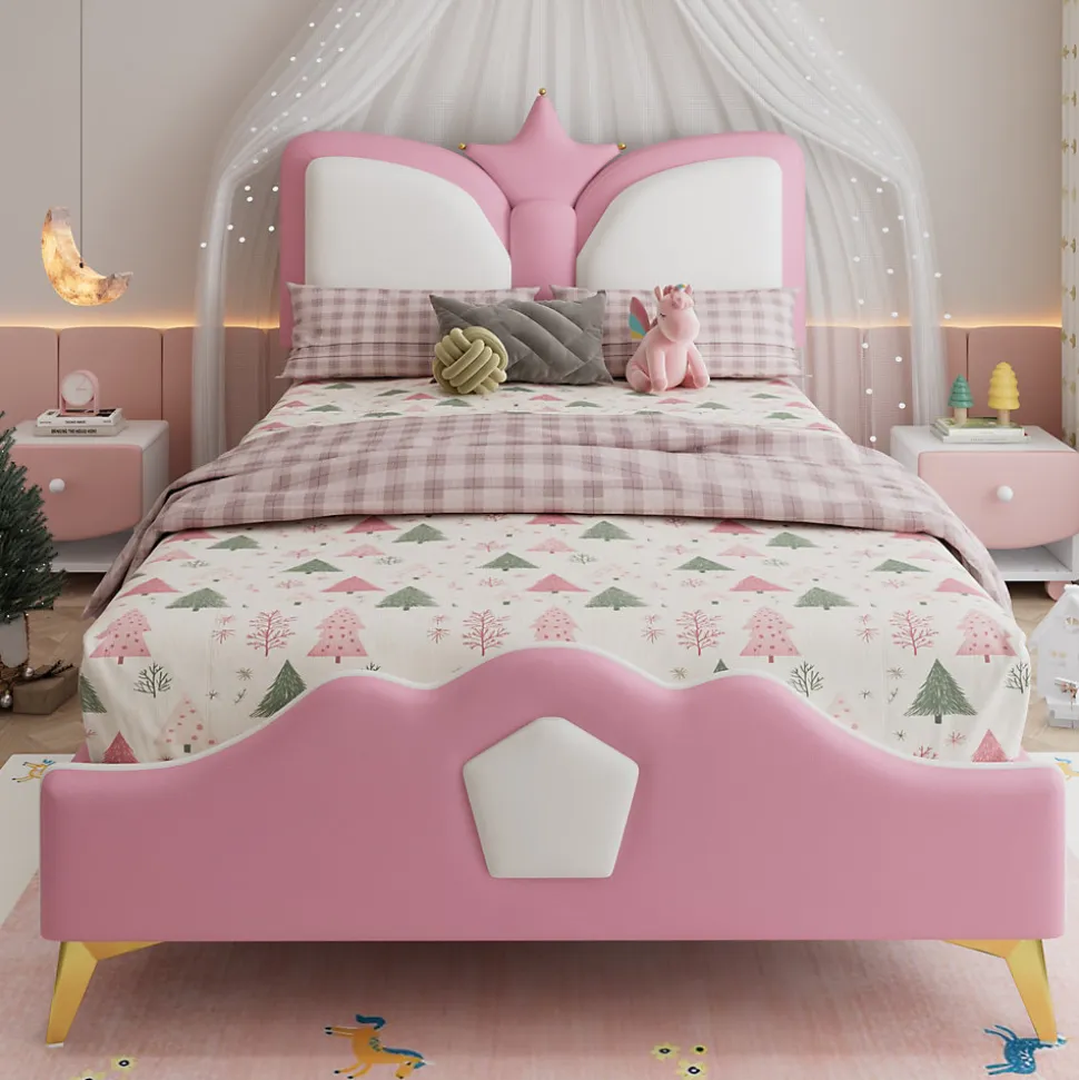 Lit Simple Enfant 90x200 cm, Tête de Lit Forme Couronne et Bordures Anti-Chocs, PU Mousse Contreplaqué, Sans Matelas, Rose/Blanc