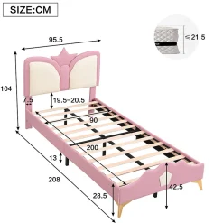 Lit Simple Enfant 90x200 cm, Tête de Lit Forme Couronne et Bordures Anti-Chocs, PU Mousse Contreplaqué, Sans Matelas, Rose/Blanc