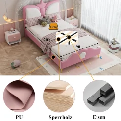 Lit Simple Enfant 90x200 cm, Tête de Lit Forme Couronne et Bordures Anti-Chocs, PU Mousse Contreplaqué, Sans Matelas, Rose/Blanc