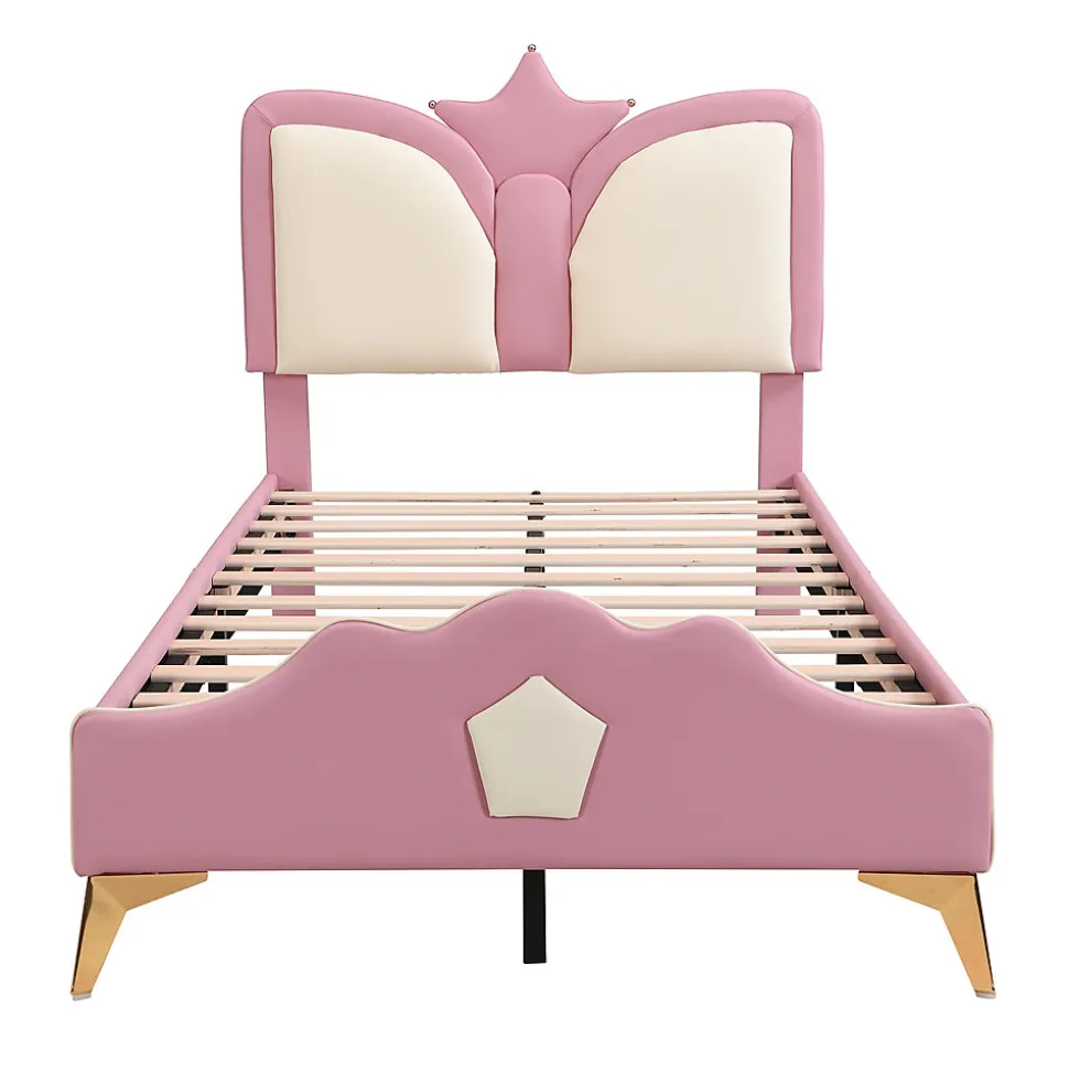 Lit Simple Enfant 90x200 cm, Tête de Lit Forme Couronne et Bordures Anti-Chocs, PU Mousse Contreplaqué, Sans Matelas, Rose/Blanc