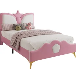 Lit Simple Enfant 90x200 cm, Tête de Lit Forme Couronne et Bordures Anti-Chocs, PU Mousse Contreplaqué, Sans Matelas, Rose/Blanc