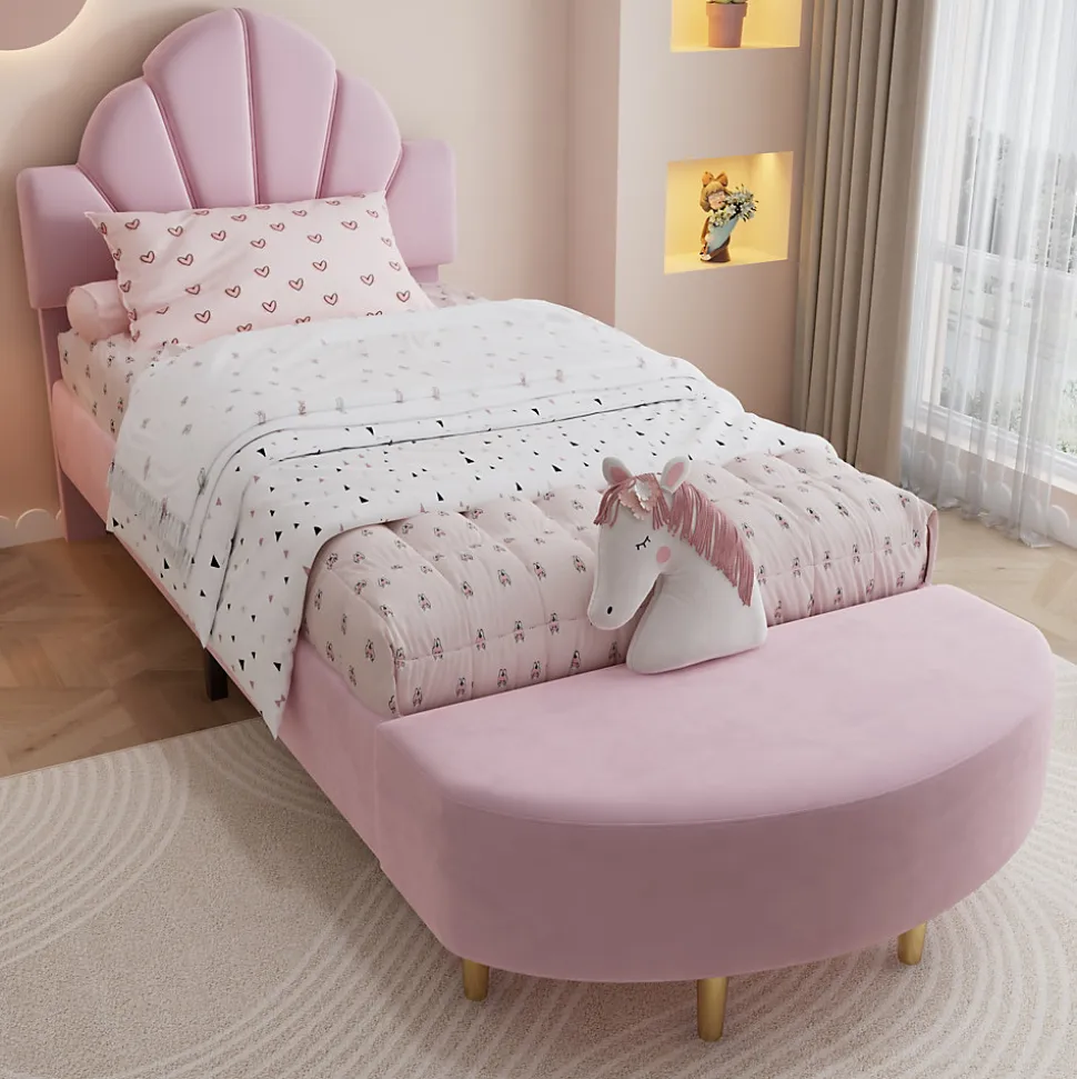 Lit Simple Enfant 90x200 cm, Tête de Lit Velours, Banc de Bout de Lit, Mousse Anti-Chocs, Contreplaqué, Sans Matelas, Rose