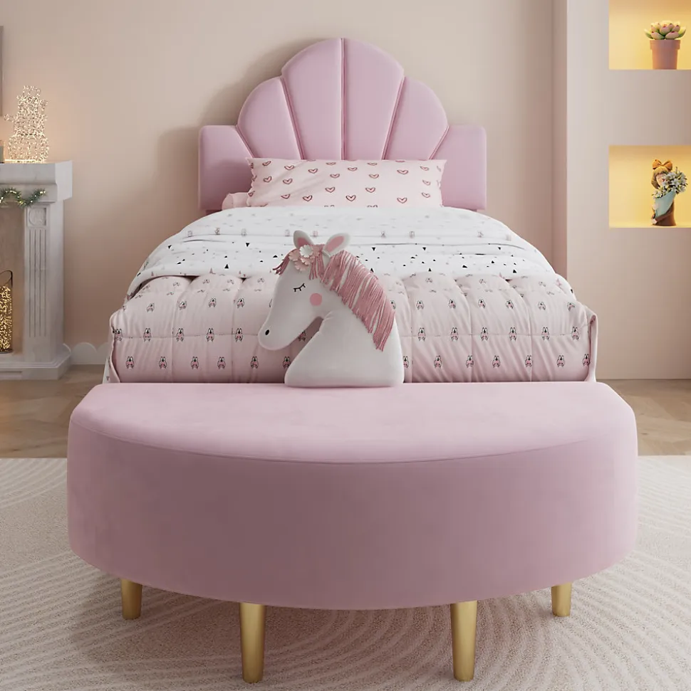 Lit Simple Enfant 90x200 cm, Tête de Lit Velours, Banc de Bout de Lit, Mousse Anti-Chocs, Contreplaqué, Sans Matelas, Rose