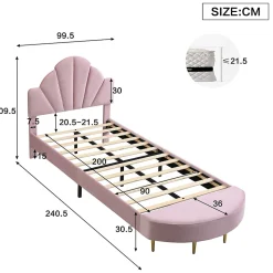 Lit Simple Enfant 90x200 cm, Tête de Lit Velours, Banc de Bout de Lit, Mousse Anti-Chocs, Contreplaqué, Sans Matelas, Rose