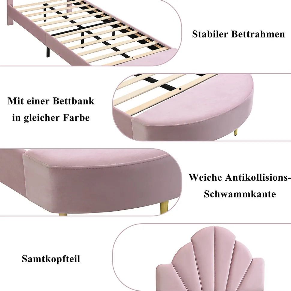 Lit Simple Enfant 90x200 cm, Tête de Lit Velours, Banc de Bout de Lit, Mousse Anti-Chocs, Contreplaqué, Sans Matelas, Rose