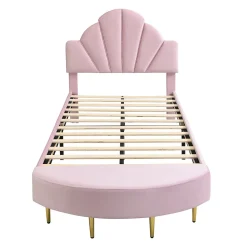 Lit Simple Enfant 90x200 cm, Tête de Lit Velours, Banc de Bout de Lit, Mousse Anti-Chocs, Contreplaqué, Sans Matelas, Rose