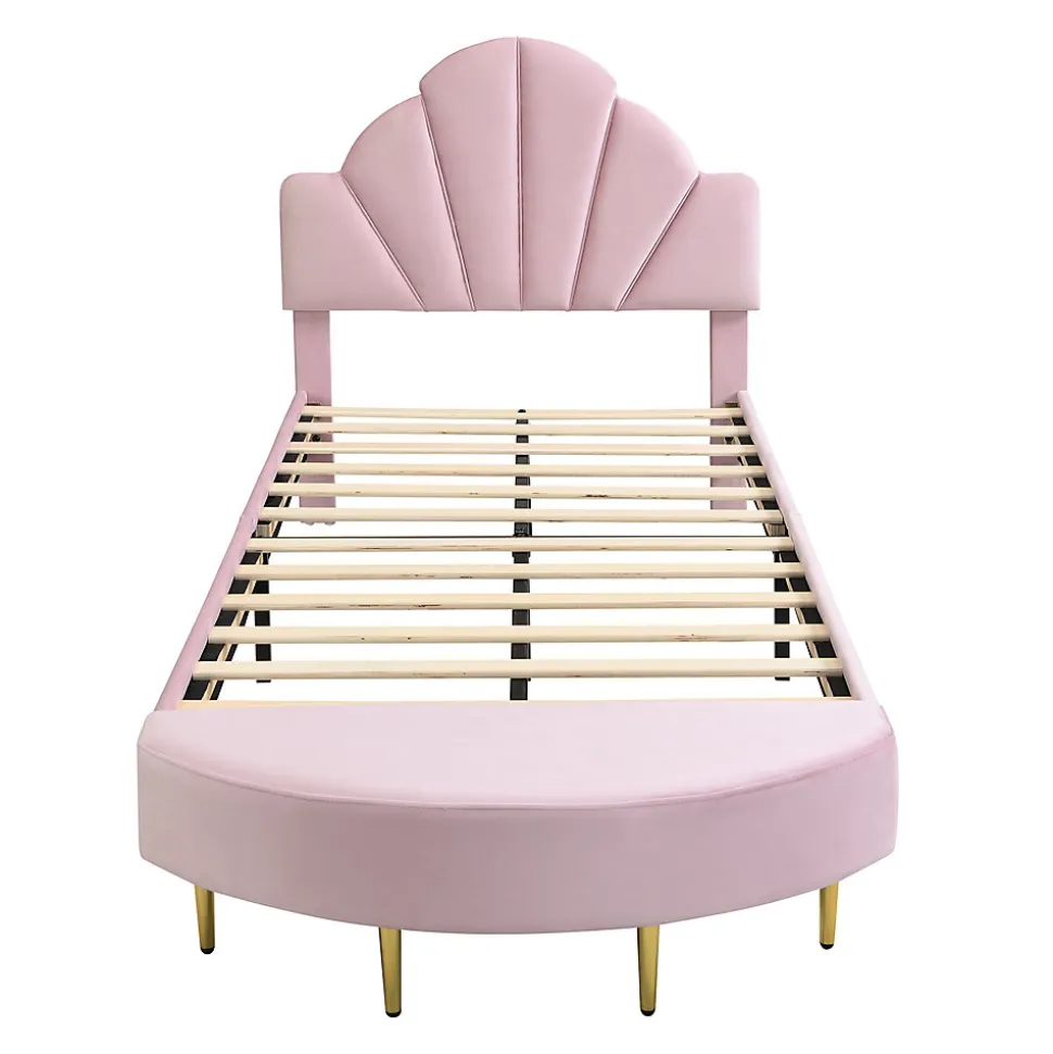 Lit Simple Enfant 90x200 cm, Tête de Lit Velours, Banc de Bout de Lit, Mousse Anti-Chocs, Contreplaqué, Sans Matelas, Rose