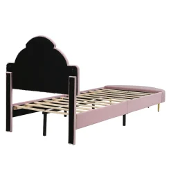 Lit Simple Enfant 90x200 cm, Tête de Lit Velours, Banc de Bout de Lit, Mousse Anti-Chocs, Contreplaqué, Sans Matelas, Rose