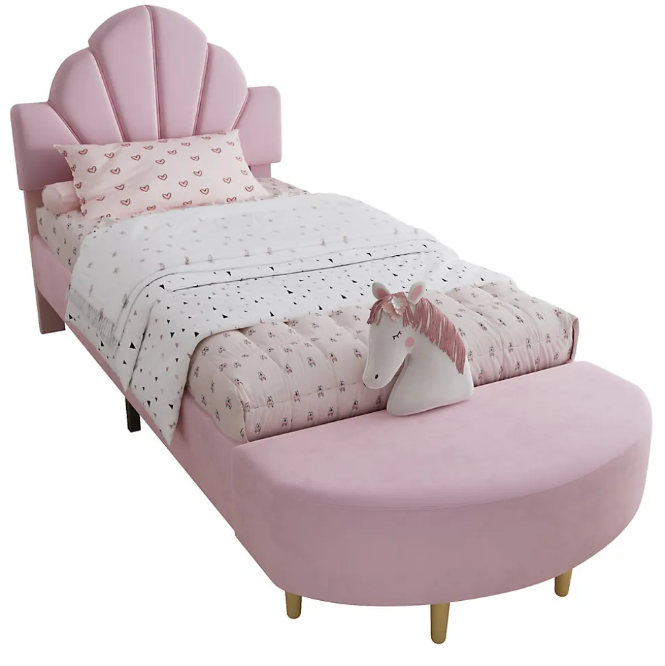 Lit Simple Enfant 90x200 cm, Tête de Lit Velours, Banc de Bout de Lit, Mousse Anti-Chocs, Contreplaqué, Sans Matelas, Rose
