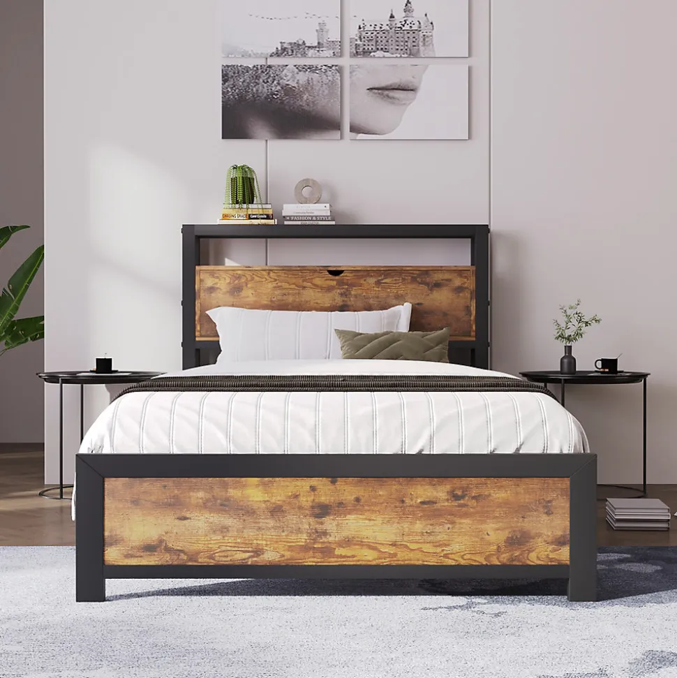 Lit simple industriel avec tête de lit rangement bois noyer 90x200cm