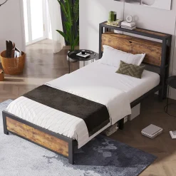 Lit simple industriel avec tête de lit rangement bois noyer 90x200cm