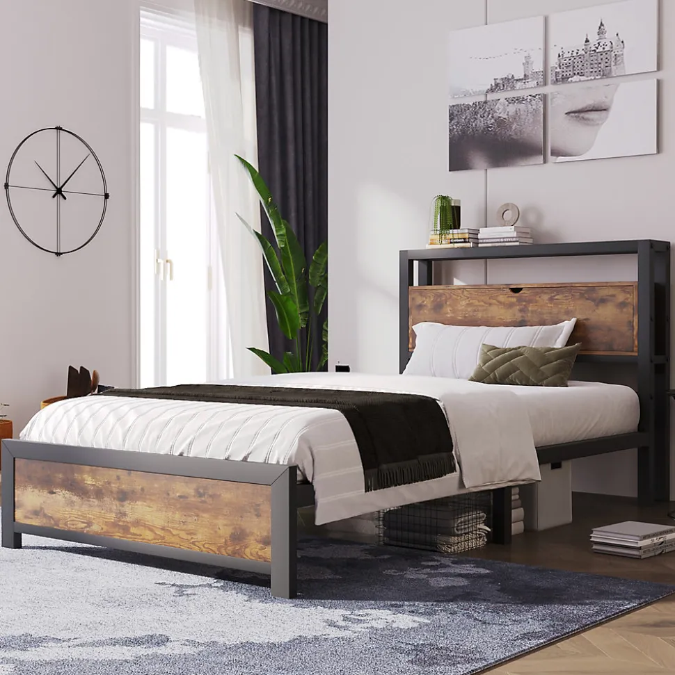 Lit simple industriel avec tête de lit rangement bois noyer 90x200cm