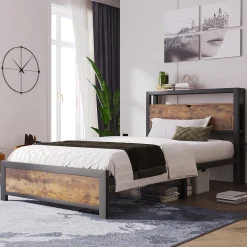 Lit simple industriel avec tête de lit rangement bois noyer 90x200cm