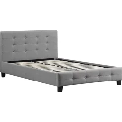 Lit simple JOLIEN, 120 x 190 cm, capitonné avec sommier, revêtement en tissu gris