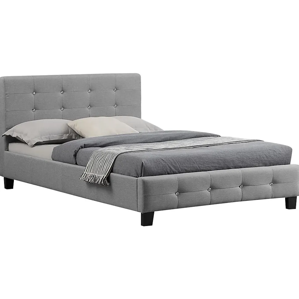 Lit simple JOLIEN, 120 x 190 cm, capitonné avec sommier, revêtement en tissu gris